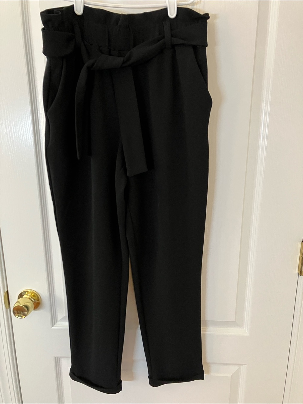 Paper bag waist pull on office work pants with pockets black